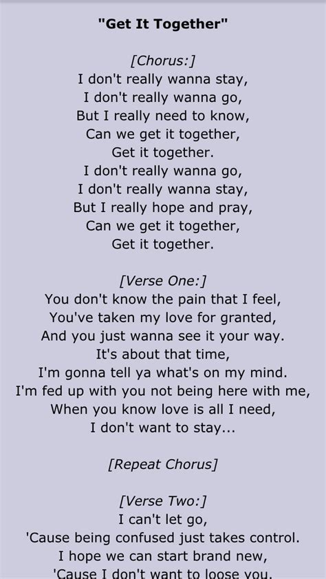 Lyrics to 702 Get_It_Together: I don't really wanna stay, I don't really wanna go, But I really need to know, Can we get it together, Get it together. ... But I really hope and pray, Can we get it together, Get. 702, named after the area code of their hometown of Las Vegas, Nevada, is an American platinum-selling female R&B trio, made up of ...